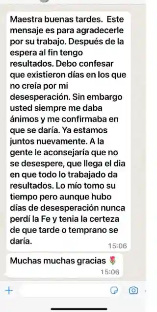 Captura de testimonio de consulta espiritual por WhatsApp