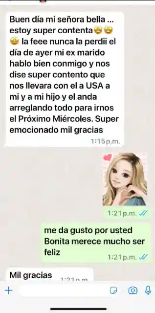 Captura de testimonio de consulta espiritual por WhatsApp