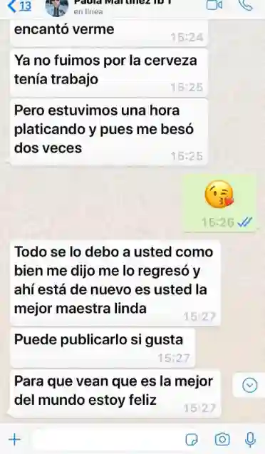 Captura de testimonio de consulta espiritual por WhatsApp